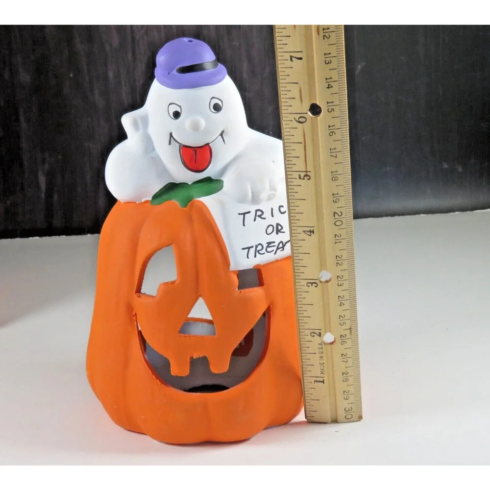 Ceramic Ghost Pumpkin Halloween Tea Light Candle Holder Statue 7” Kmart Vintage